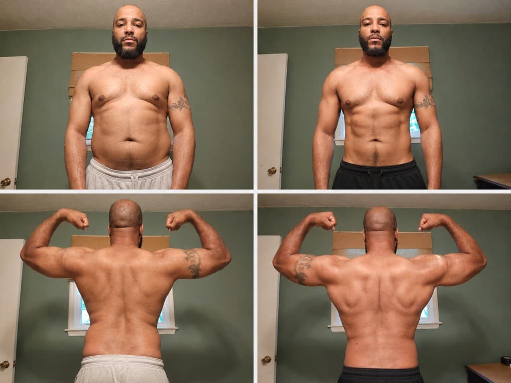 Before and after body transformation from the 12-week beginner programme